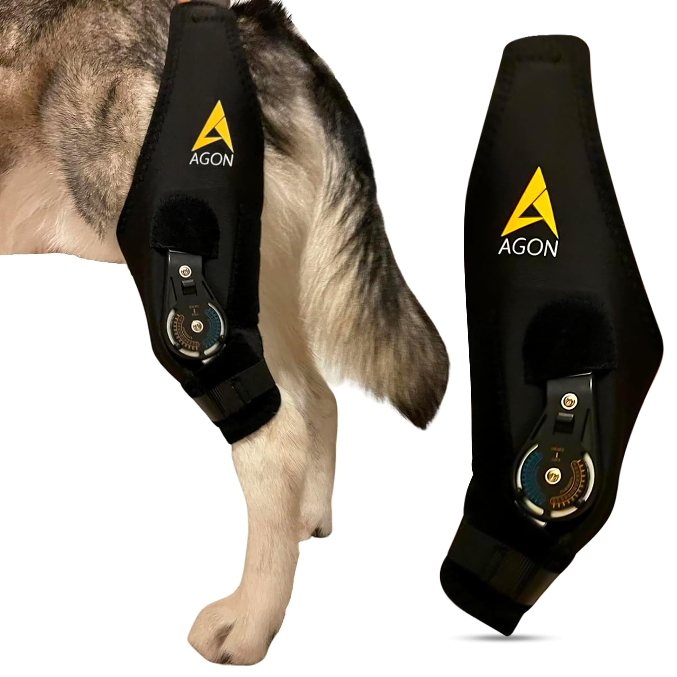 AGON Dog Knee Brace left leg XL front view shows adjustable hinge for controlled movement