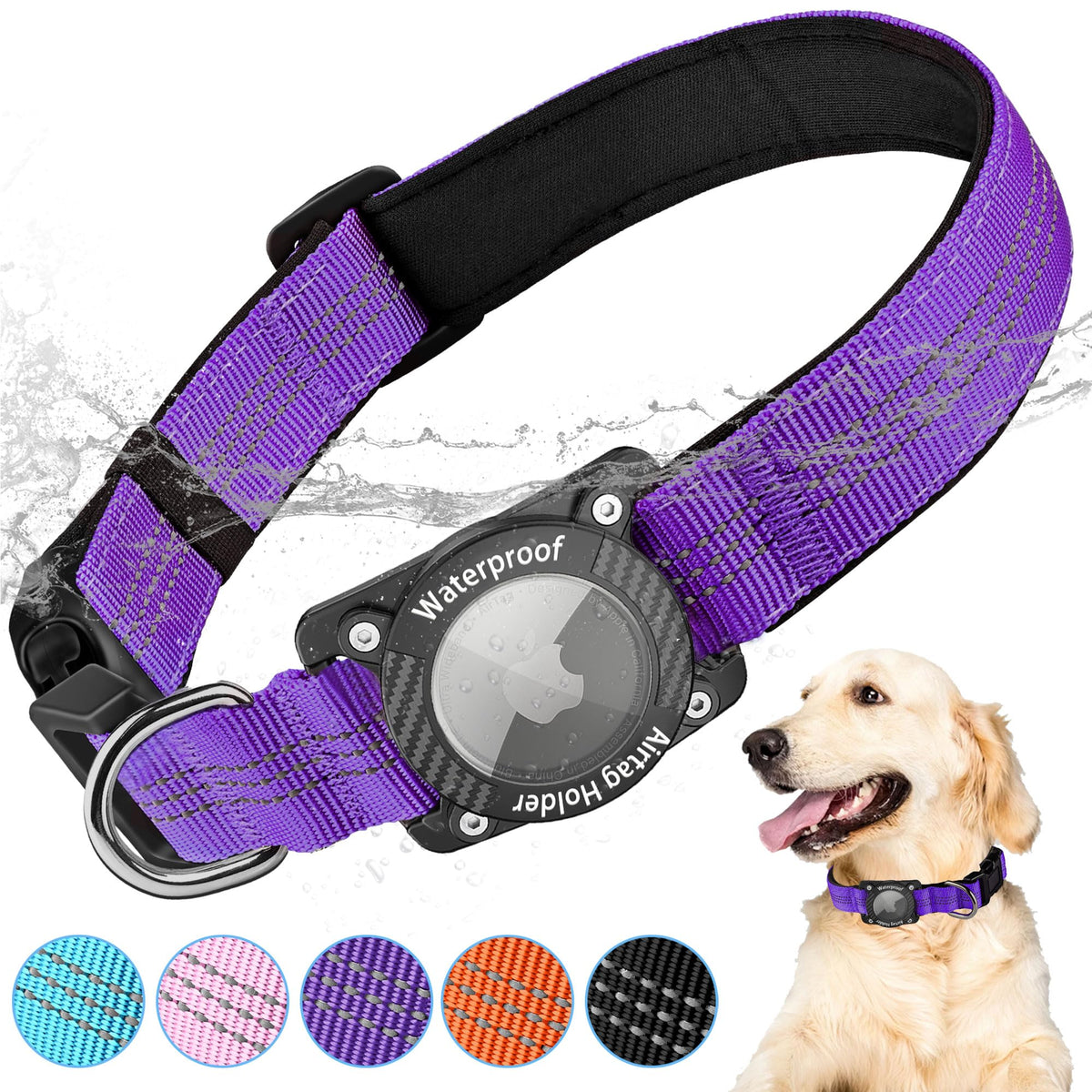 AgoumLux AirTag dog collar closeup shows a secure holder for reliable tracking.
