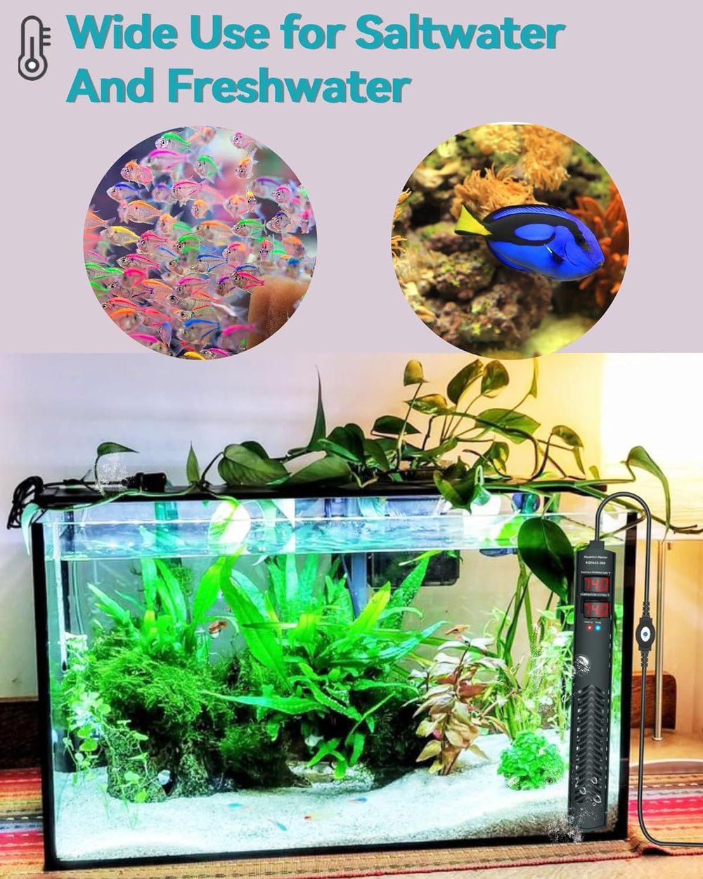 AHJ aquarium heater long 1.5m cord offers flexible placement.