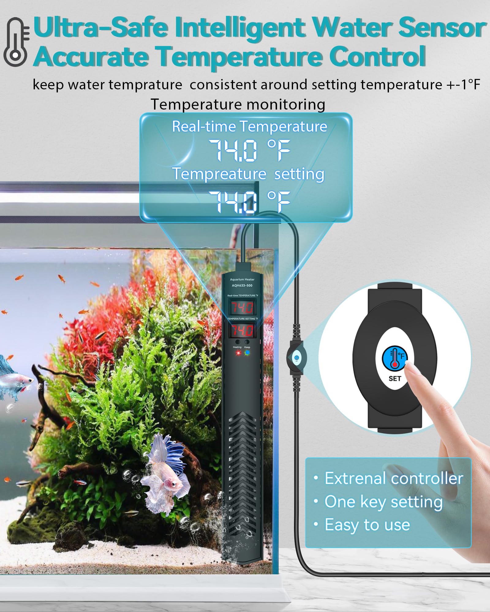 AHJ aquarium heater quickly heats water for 75 to 120 gallon tanks.