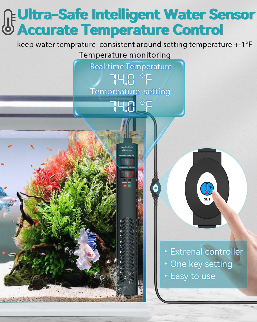 AHJ aquarium heater quickly heats water for 75 to 120 gallon tanks.
