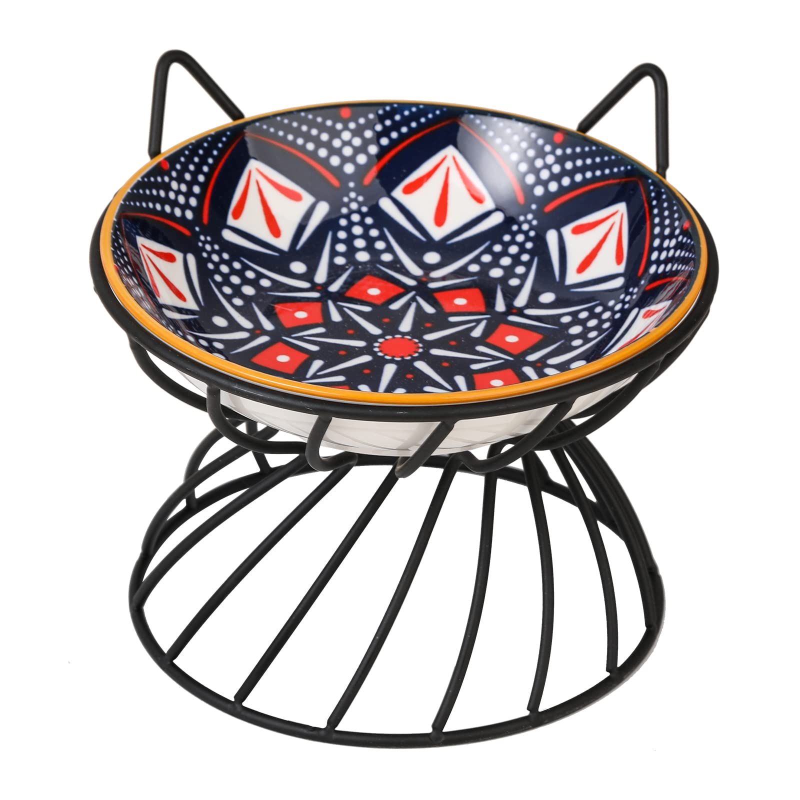 AHX raised ceramic cat bowl with metal stand, front view, ergonomic height for easy swallowing.