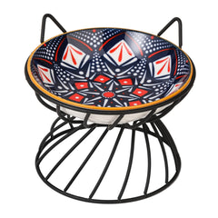 AHX raised ceramic cat bowl with metal stand, front view, ergonomic height for easy swallowing.