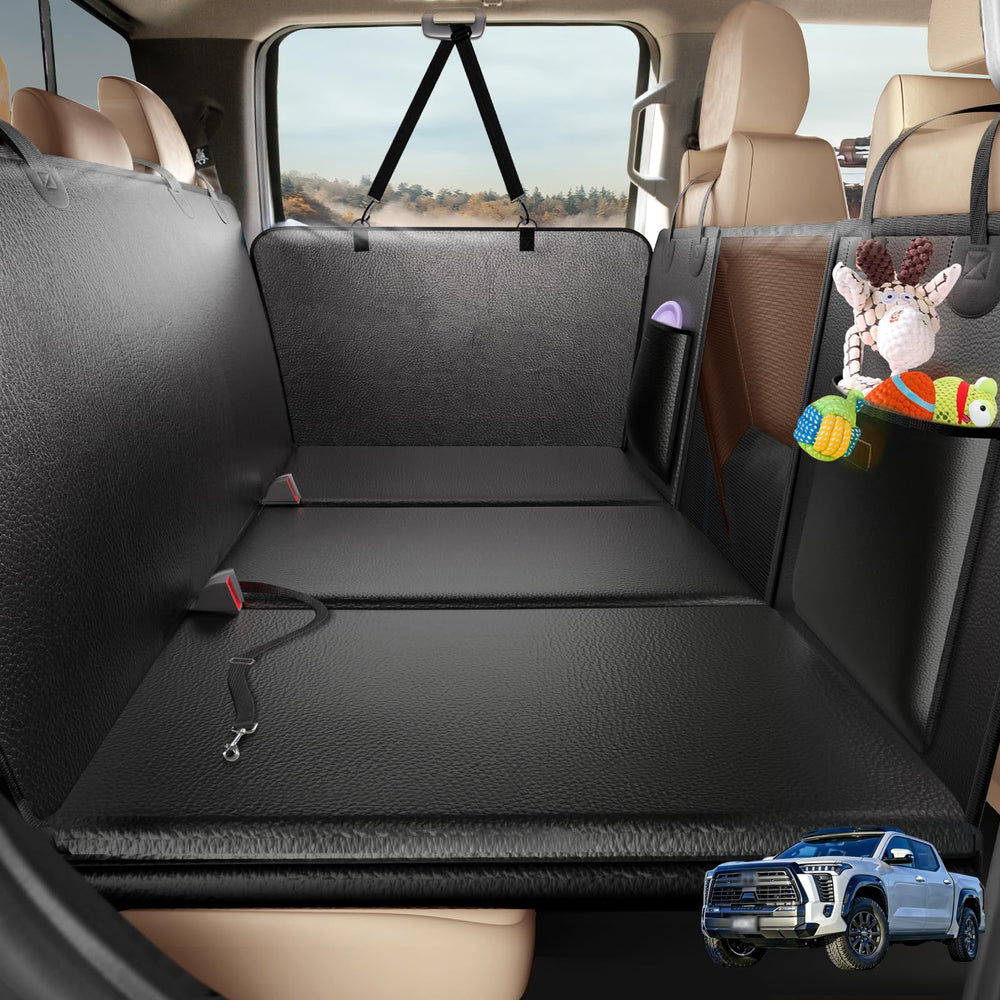AIEDOULER back seat extender with leather foam for secure, comfortable travel with dogs.