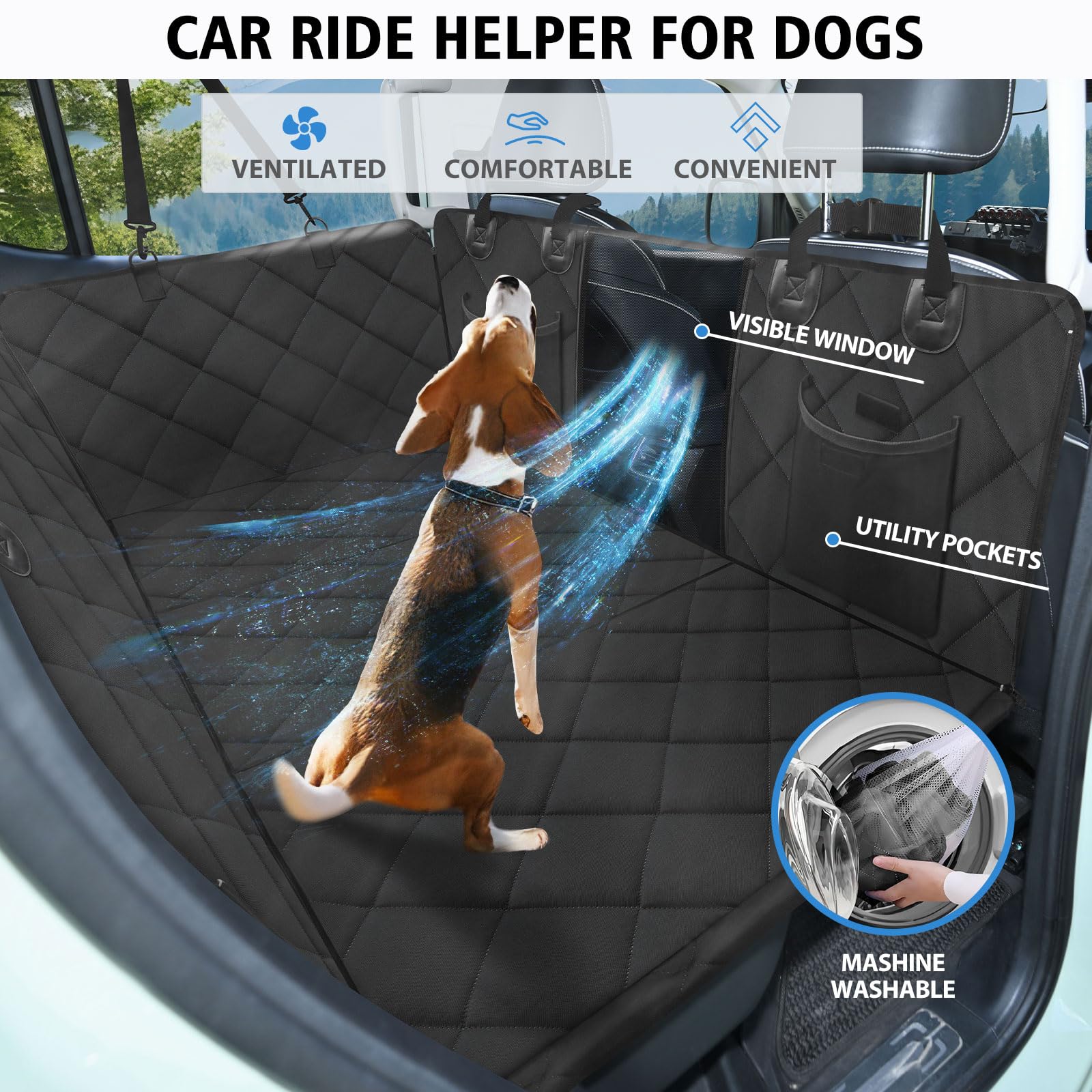AIEDOULER dog travel setup image shows comfortable, organized backseat arrangement.