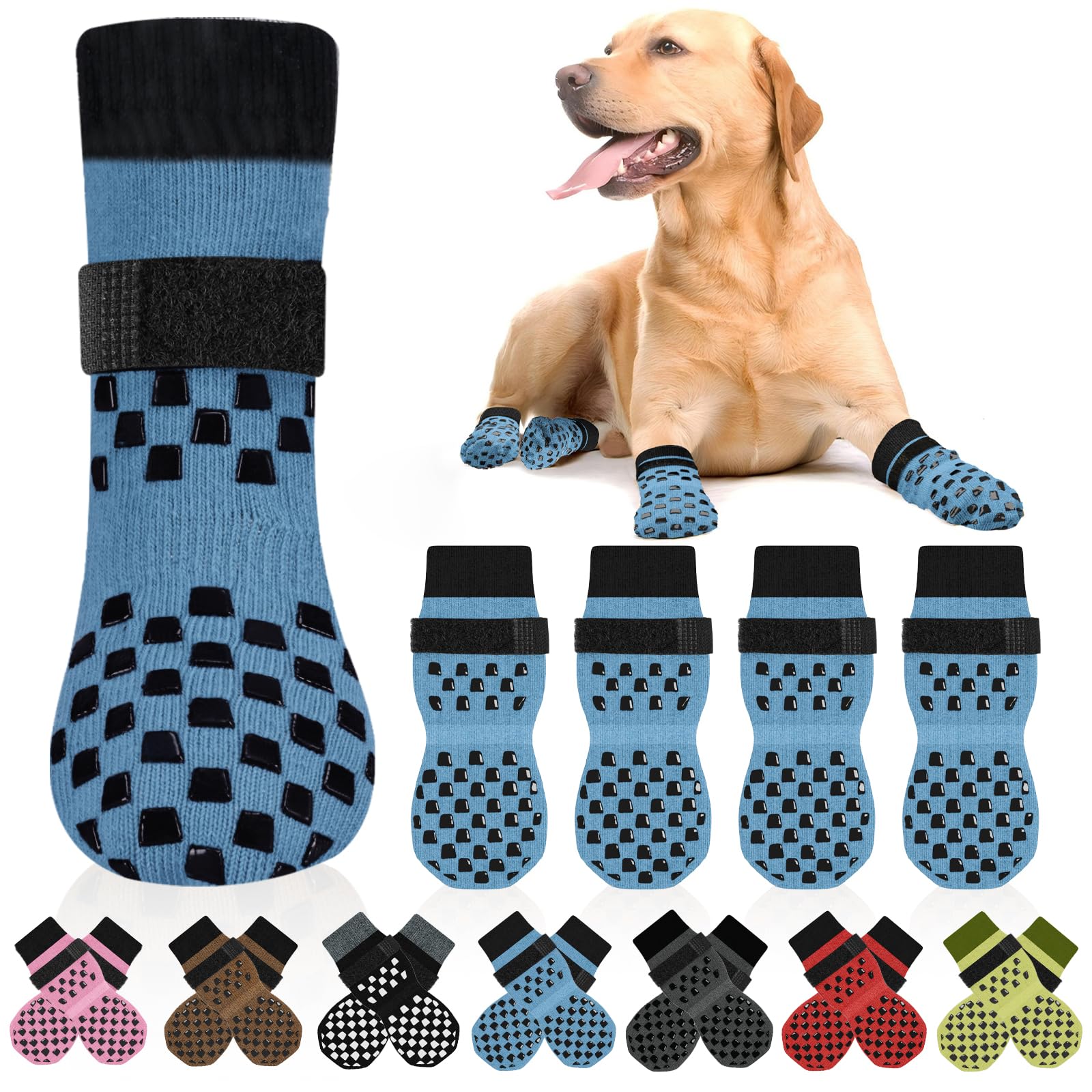 AIEDOULER non-slip dog socks on floor show secure blue XL fit.