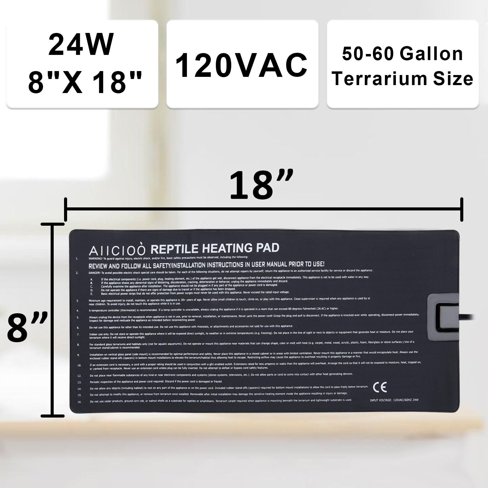 Aiicioo Reptile Heating Pad solid-state wire closeup shows durable heating element.