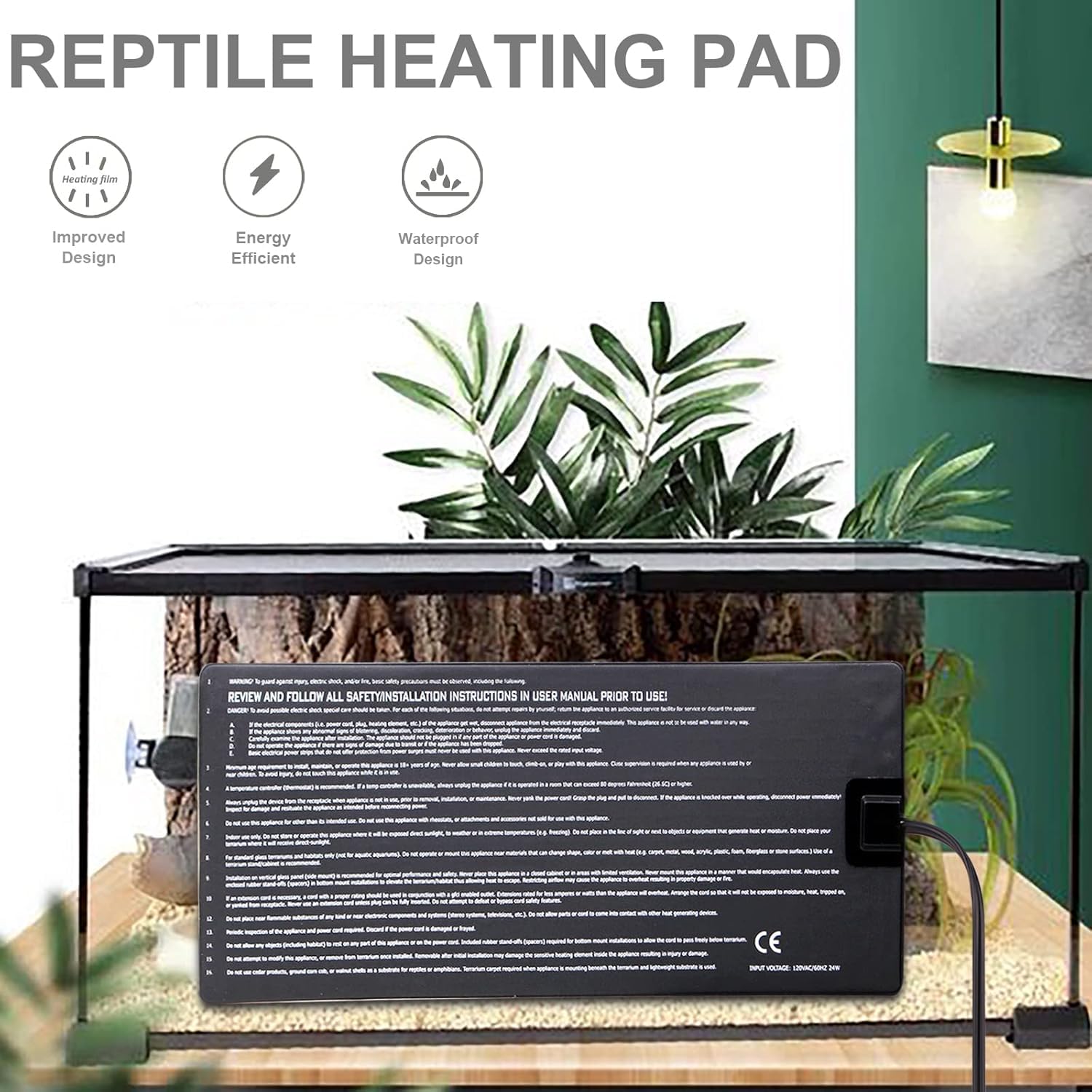 Aiicioo Reptile Heating Pad terrarium use shows the 104–122°F heat range.