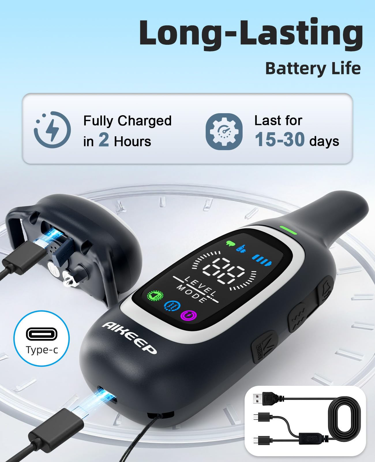 AIKEEP fast-charging battery keeps the receiver lasting 15+ days.