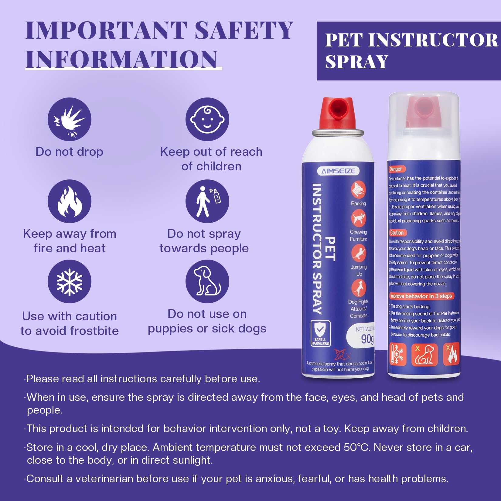 AIMSEIZE dog corrector spray packaging display highlights 90 mL two-pack