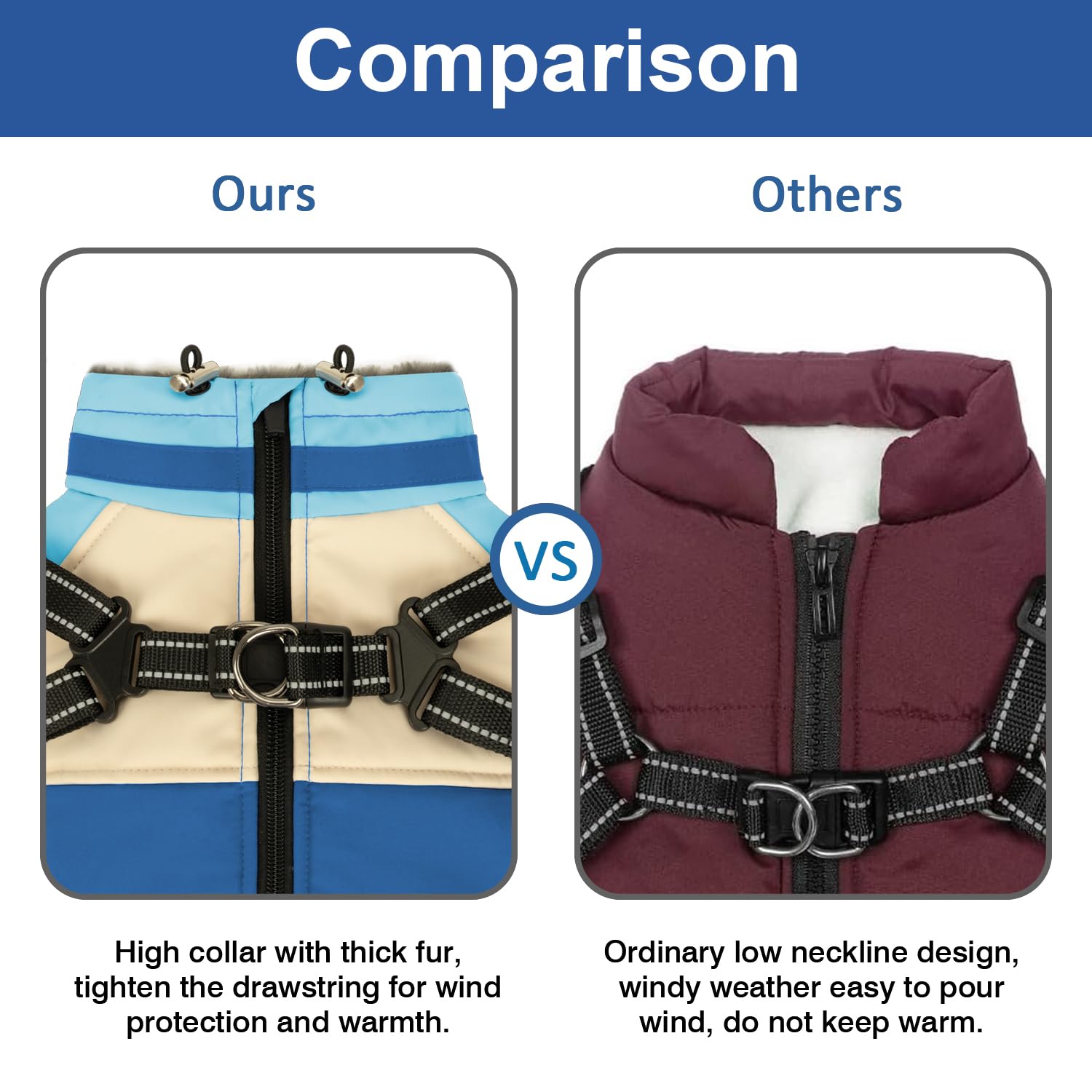 AIMYDOG dog winter coat back zipper closeup demonstrates easy on/off with protective inner fabric.