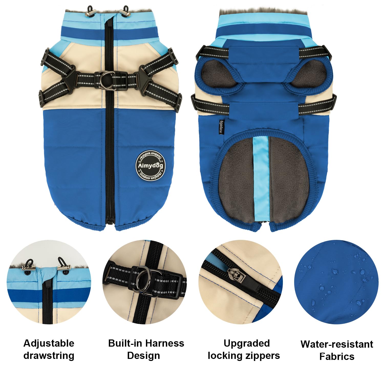 AIMYDOG dog winter coat harness-2in1 showcases built-in harness for secure daily walks.