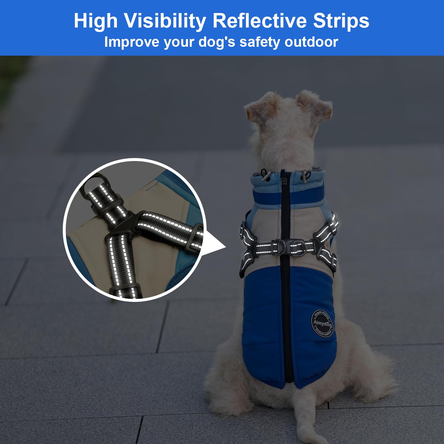 AIMYDOG dog winter coat reflective strips night shot enhances visibility during evening strolls.