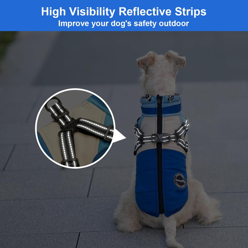 AIMYDOG dog winter coat reflective strips night shot enhances visibility during evening strolls.