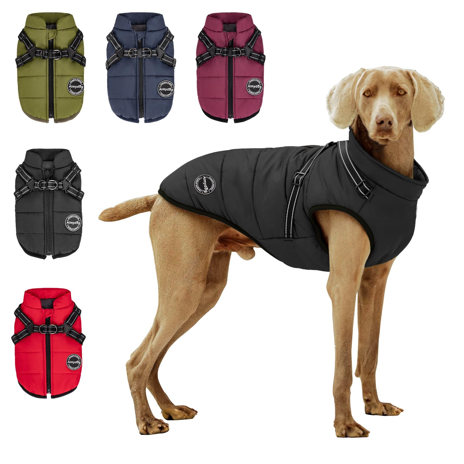 AIMYDOG Warm Dog Winter Coat front view shows harness compatibility and reflective trim.