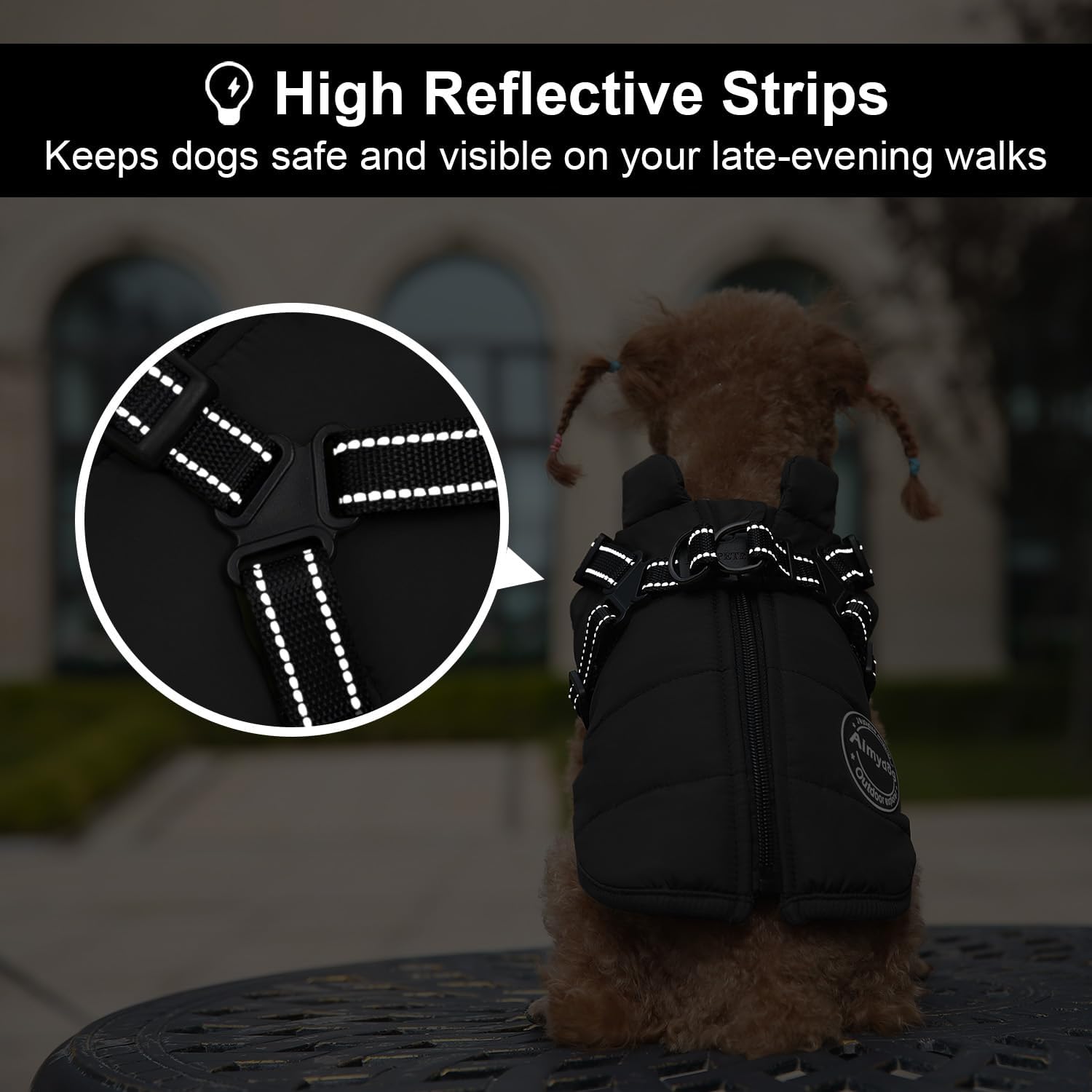 AIMYDOG Warm Dog Winter Coat waterproof fabric shot highlights all-weather protection.