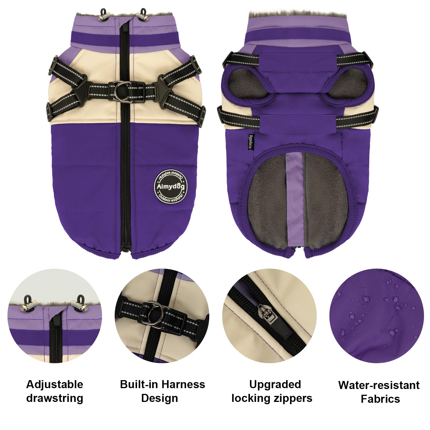 Aimydog Winter Coat harness inset demonstrates built-in stability during walks