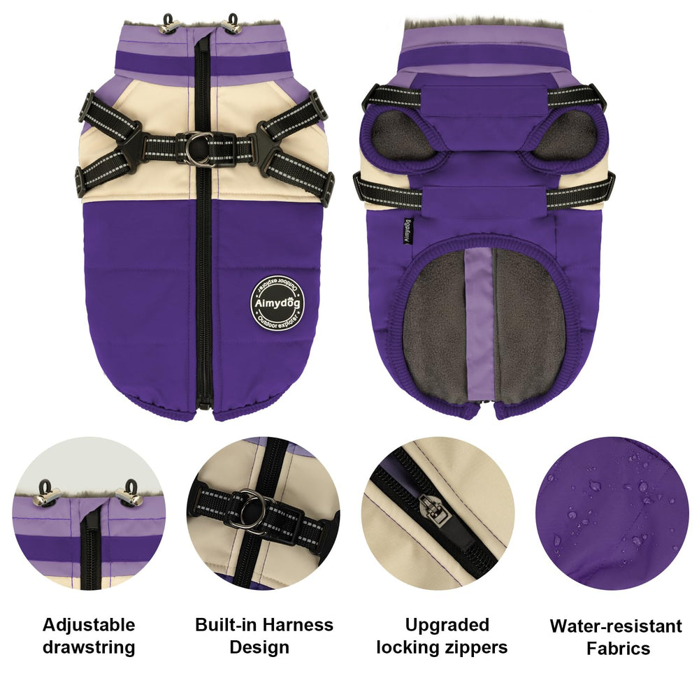 Aimydog Winter Coat harness inset demonstrates built-in stability during walks