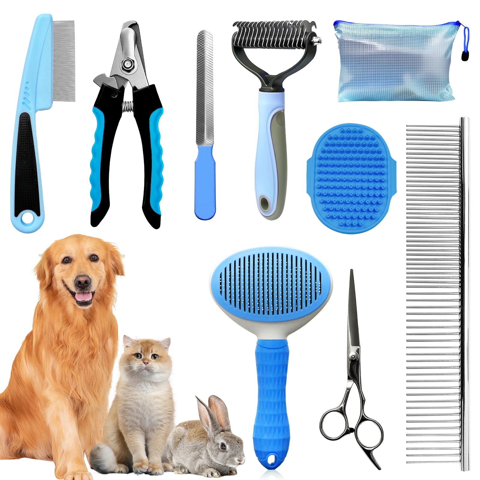 Aiolpy dog brush and grooming kit overview with all nine tools for at-home care.
