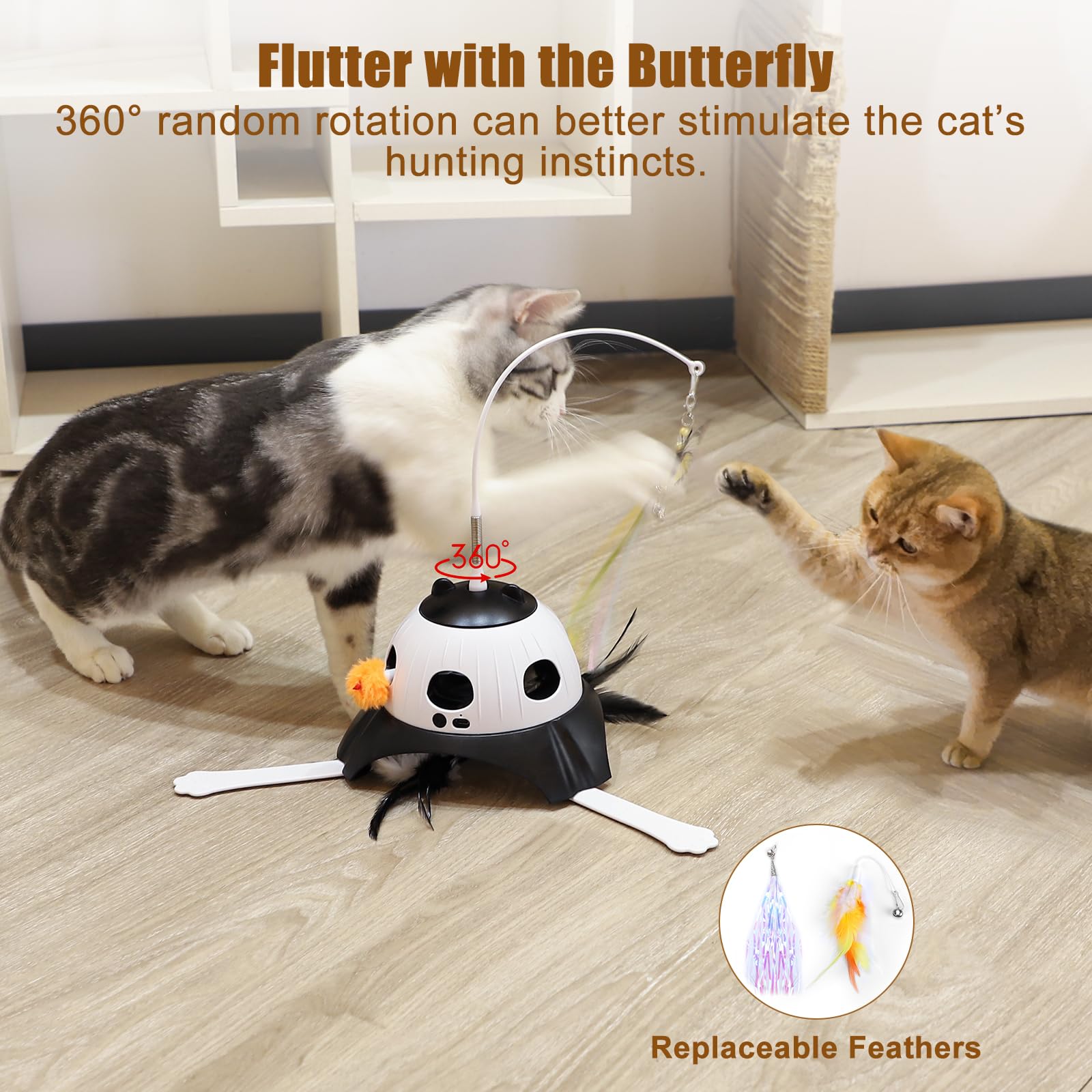 AIPERRO 3-in-1 cat toy rotating feather wand invites pounces and kicks.