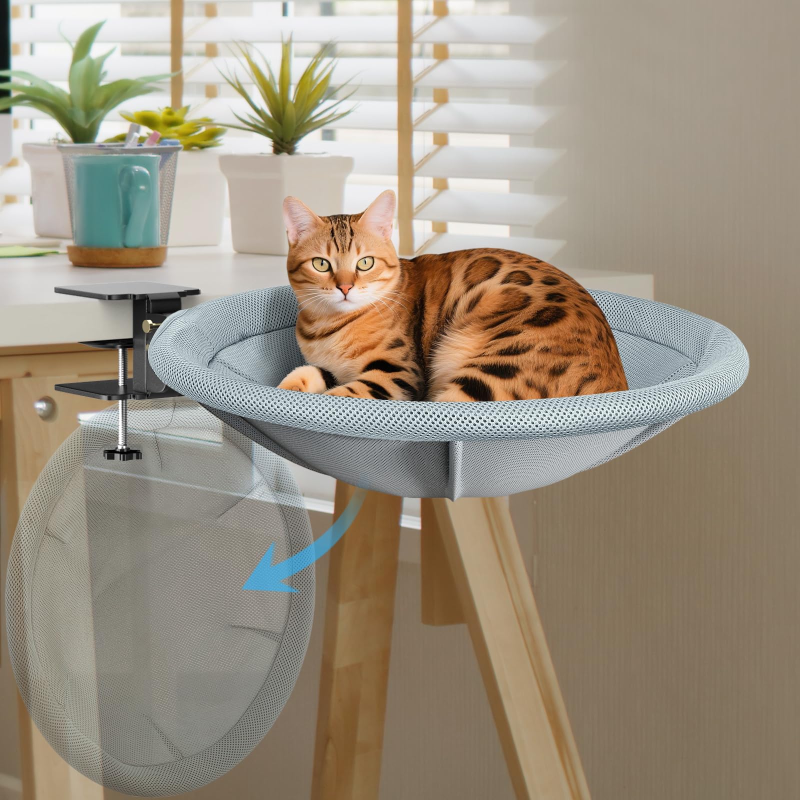 AIPERRO Foldable Cat Desk Bed front view shows a cozy workspace beside the desk.