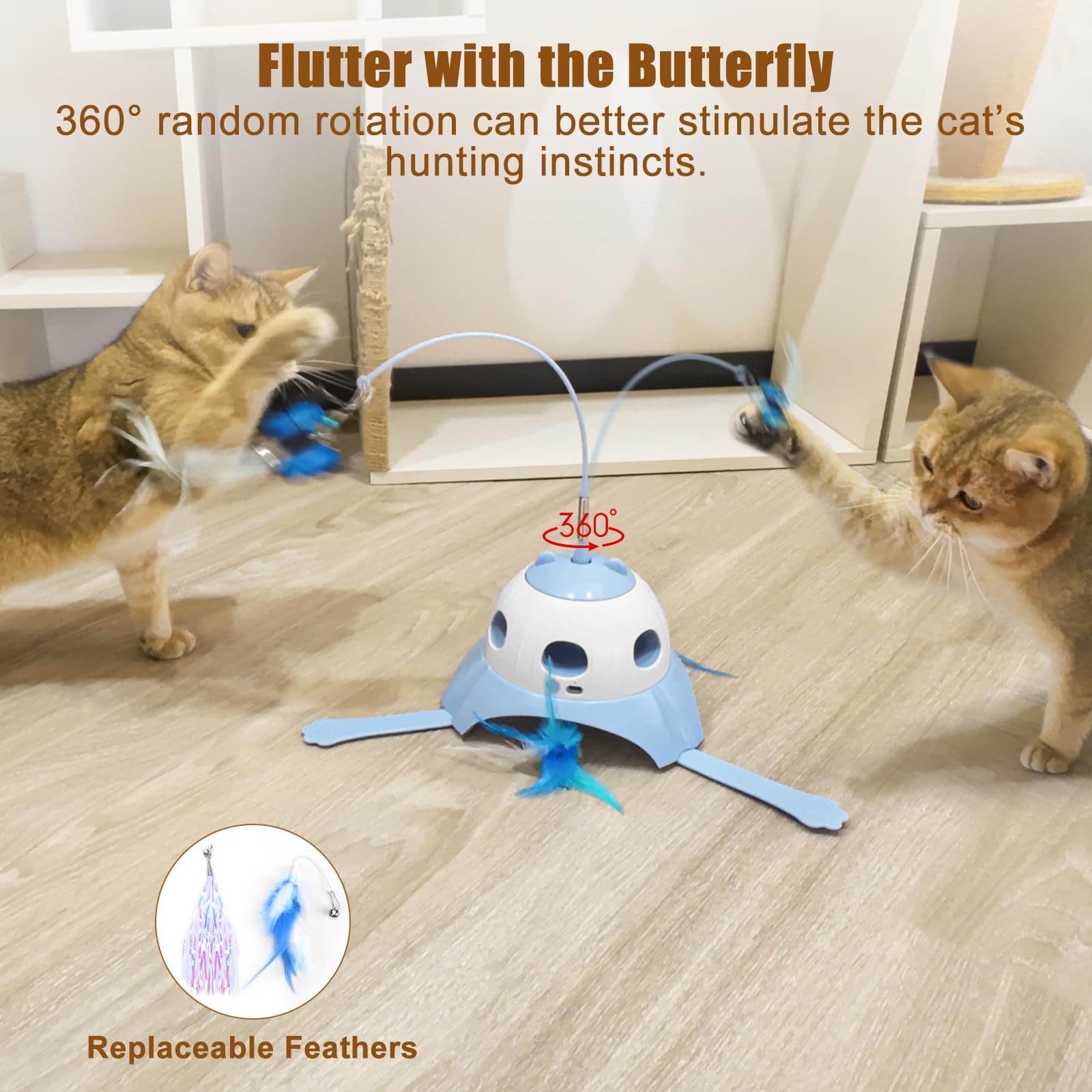AIPERRO rotating-feather-wand image shows moving feathers to entice pouncing and kicking.