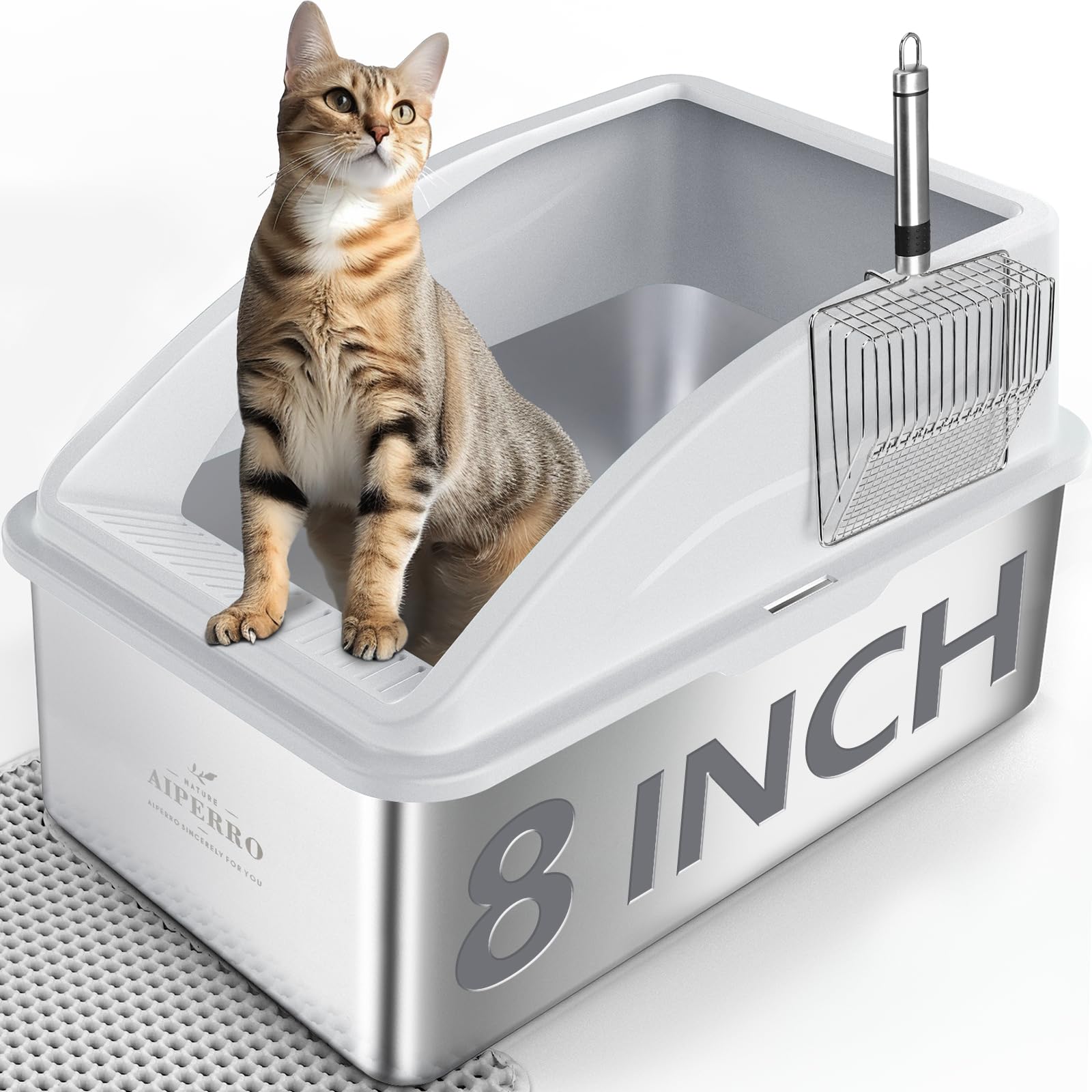AIPERRO deep-8-inch stainless-litter-box for large cats reduces scatter
