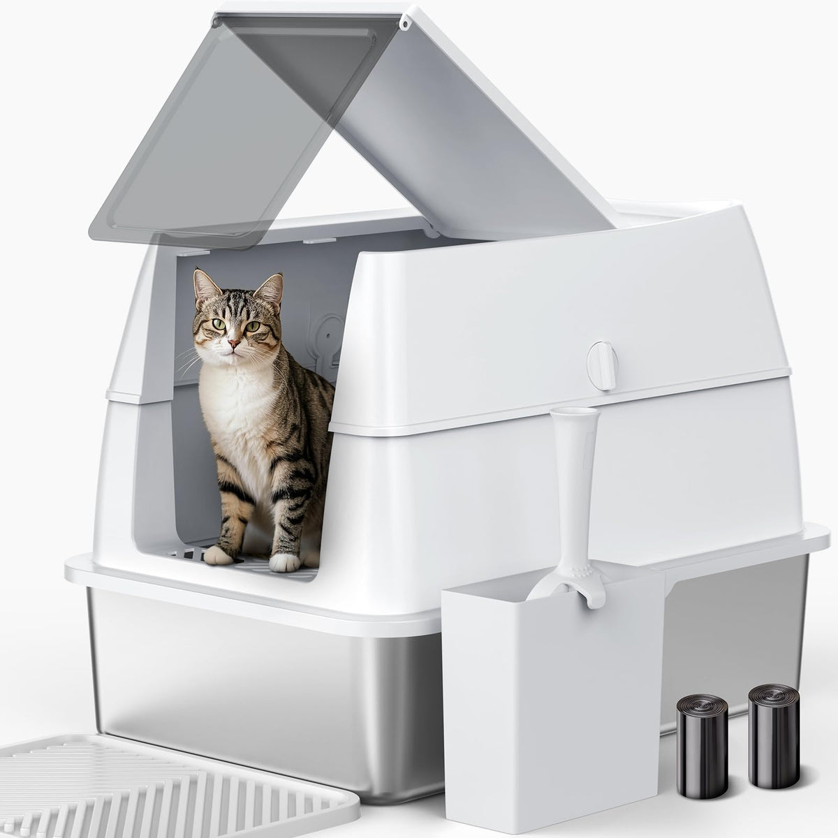 AIPERRO stainless steel litter box with lid shown, enabling easy scooping and secure containment.