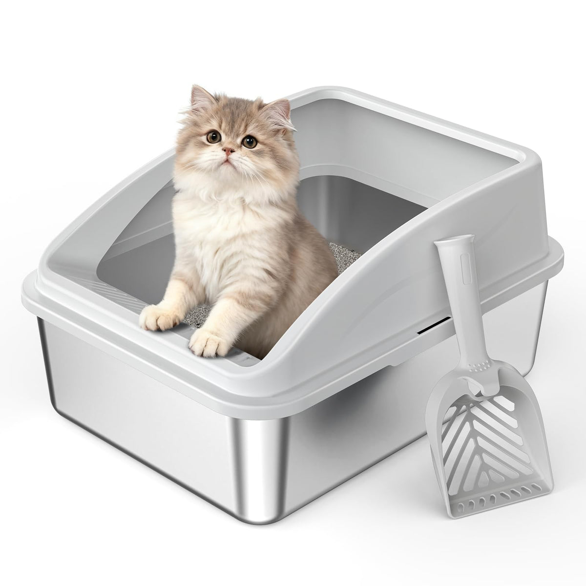 AIPERRO stainless steel litter box with lid offers secure, low-entry access for small cats.