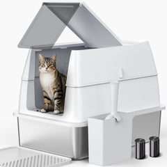 AIPERRO stainless steel litter box with lid shown, enabling easy scooping and secure containment.