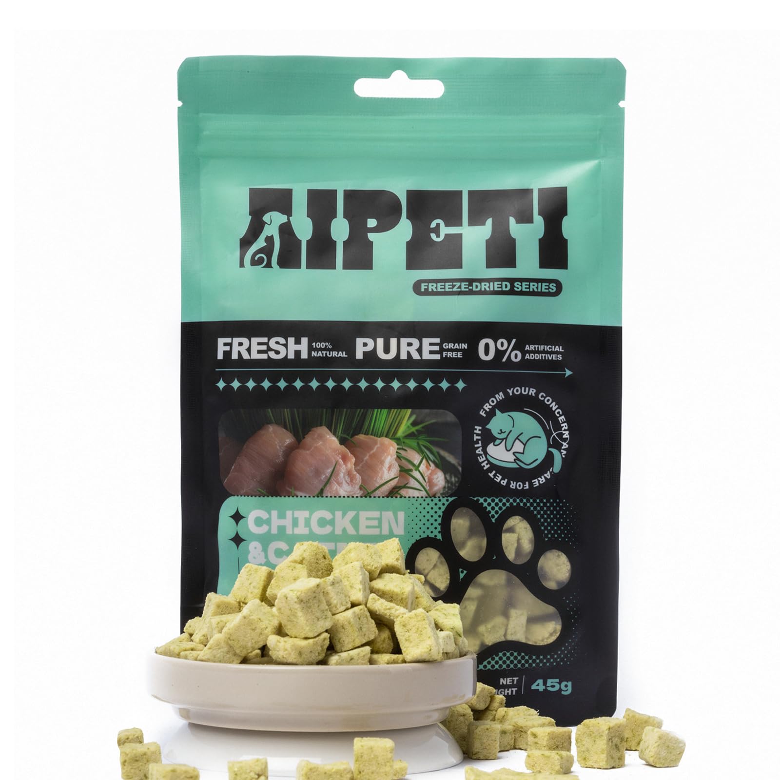 AIPETI packaging for Freeze Dried Cat Grass Treats showing pure ingredients and labeling