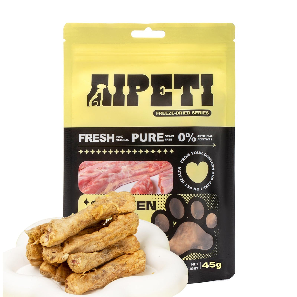 AIPETI freeze-dried chicken necks pack shot—premium single-ingredient treats for dogs and cats