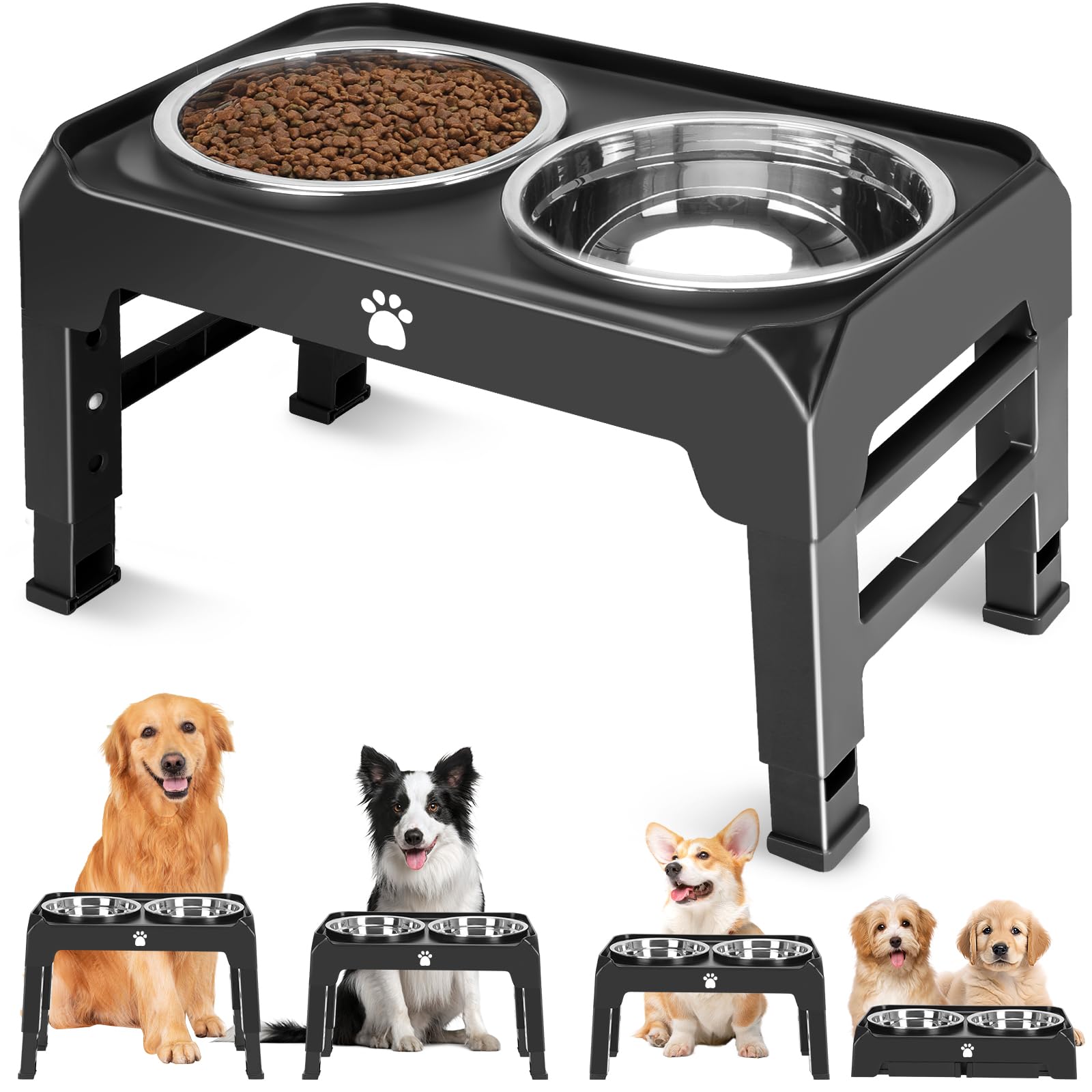 AIRMX elevated bowls stand assembly demonstrates adjustable height for ergonomic feeding.