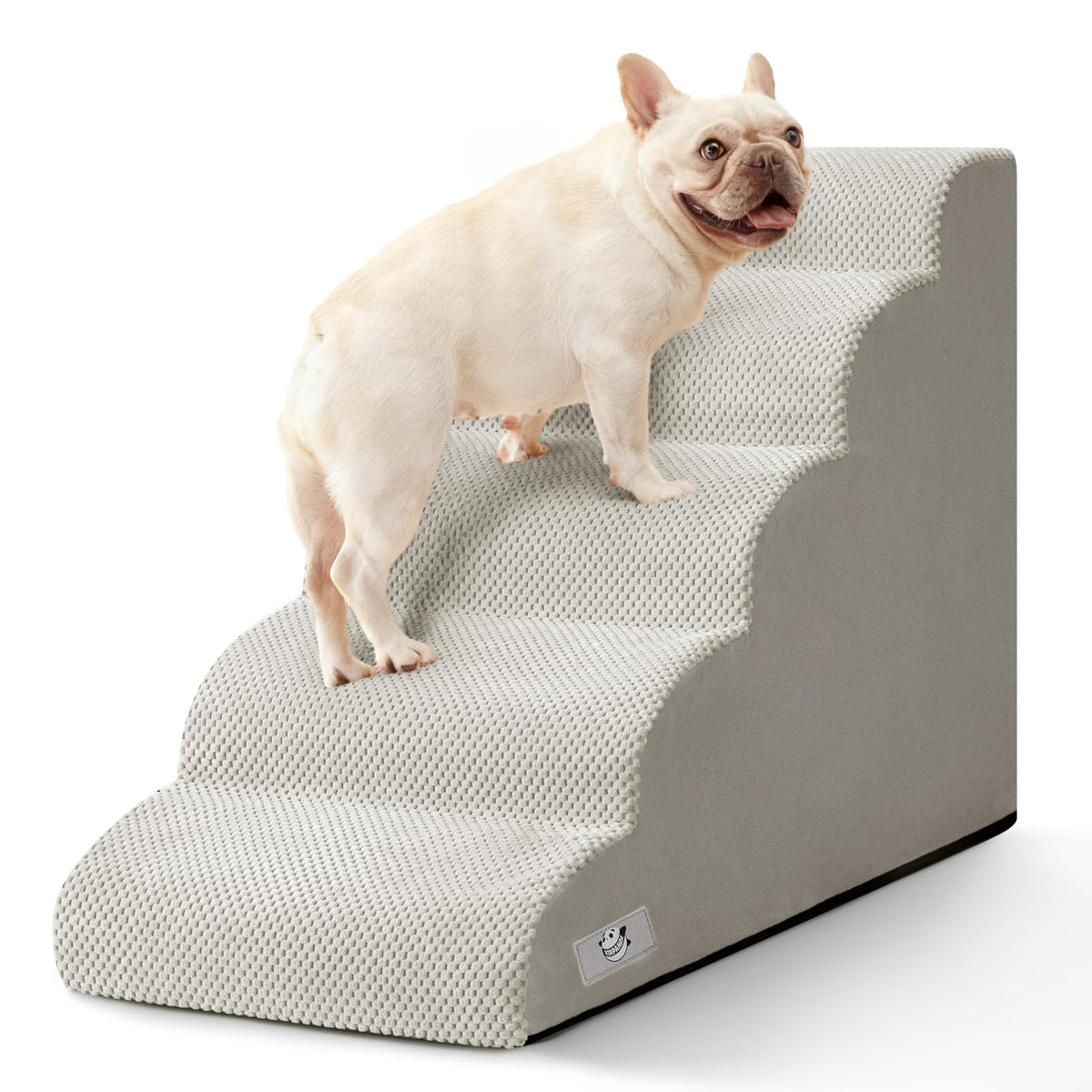 Airpanda 5-step dog stairs on a high bed with non-slip stability for safe climbs.