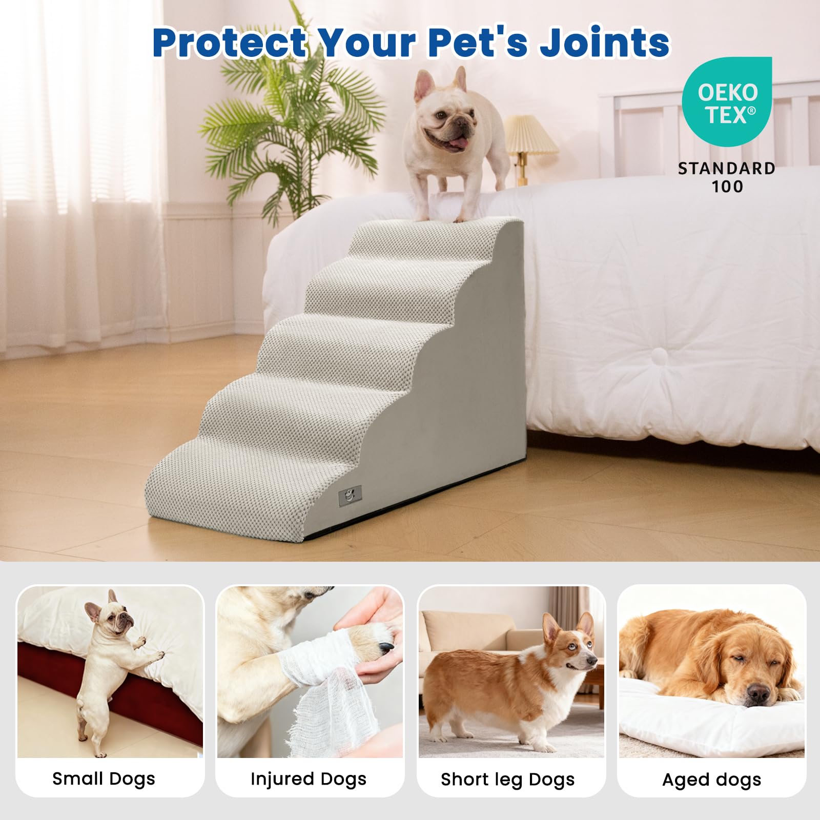 Airpanda dog stairs in use on bed and couch for easy access.