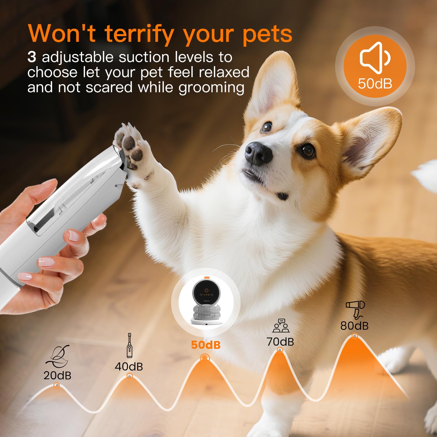 AIRROBO quick-release dust cup for touch-free emptying after grooming.