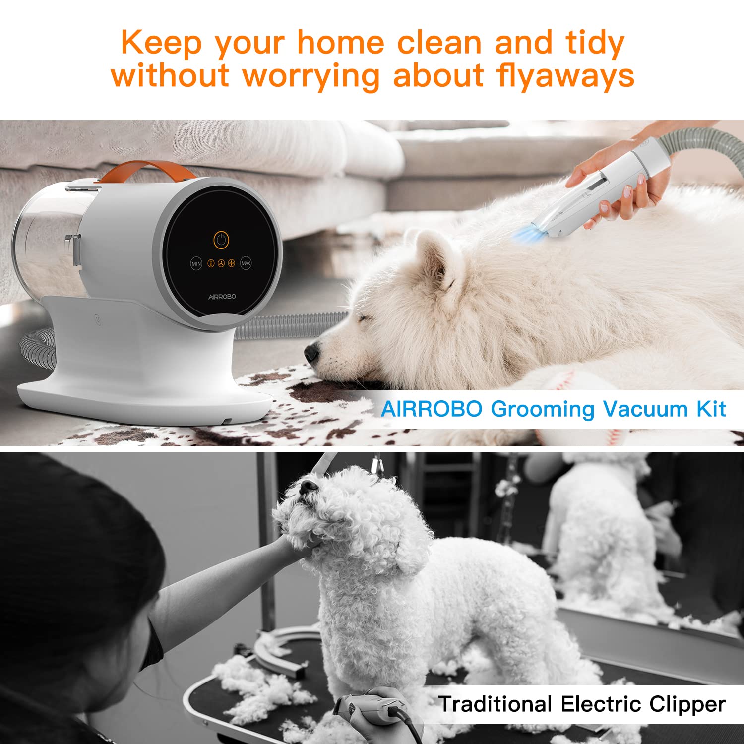 AIRROBO quiet vacuum minimizes noise to keep pets calm during grooming.