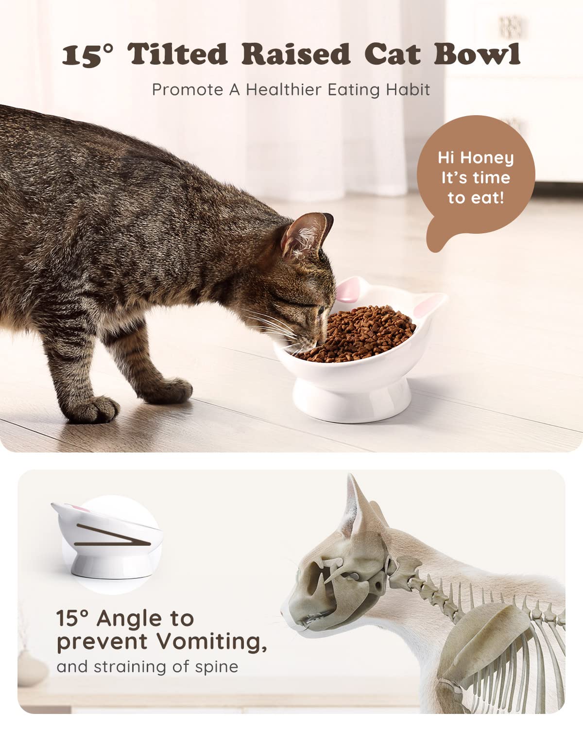 AISBUGUR cat mealtime setup with two bowls promotes portion control.
