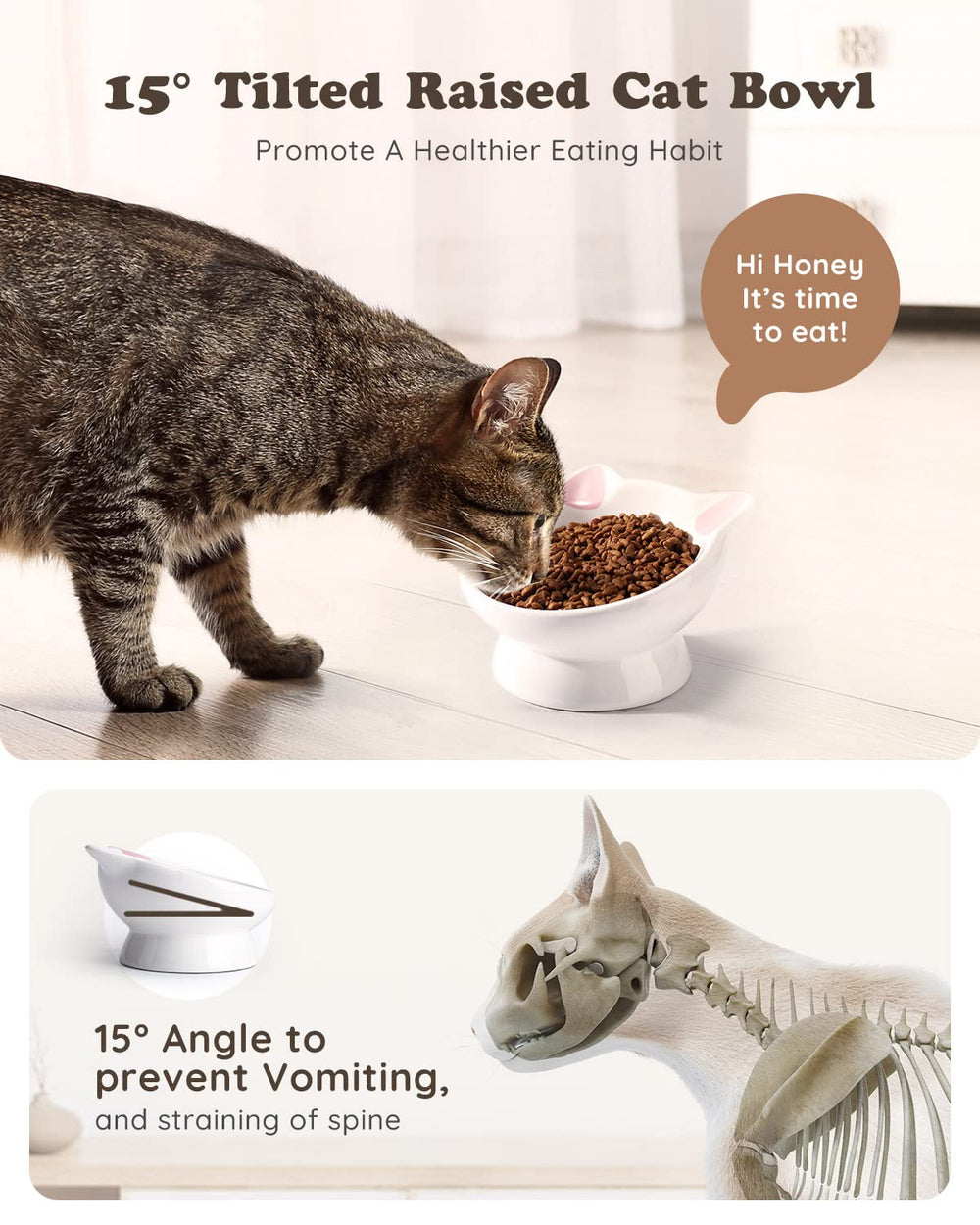 AISBUGUR cat mealtime setup with two bowls promotes portion control.