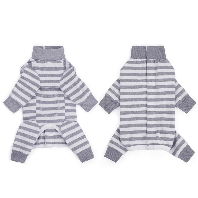 AITOLI dog striped recovery suit back view shows easy dressing with snap closure