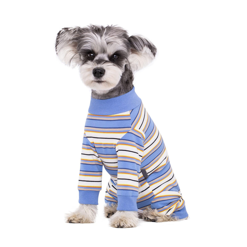 AITOLI dog-striped-recovery-suit back view provides full coverage to reduce hair mess