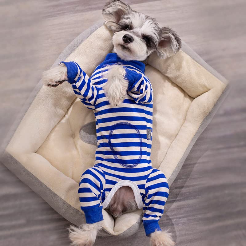 AITOLI dog-striped-recovery-suit easy-snap-buttons image highlights simple on/off design.