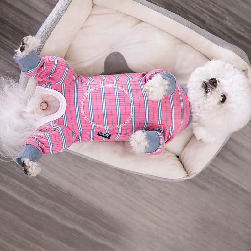 AITOLI dog-striped recovery suit fabric close-up highlights breathable skin-friendly cotton