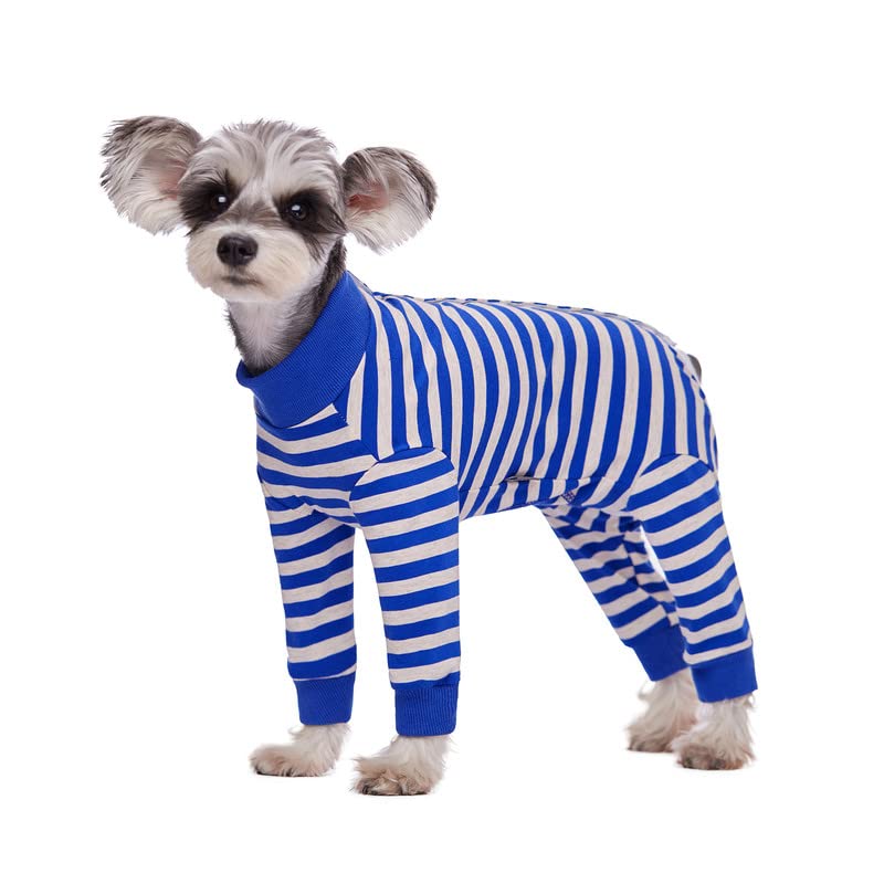 AITOLI dog-striped-recovery-suit front view shows a comfortable fit for post-surgery healing.