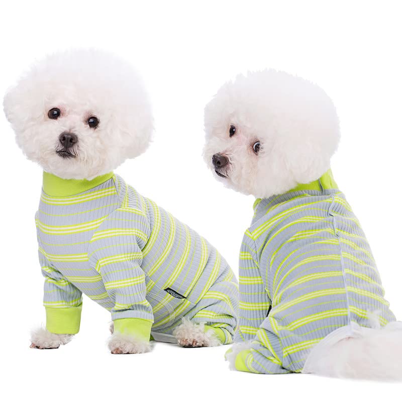 AITOLI Dog Striped Recovery Suit green on dog wearing demonstrates easy on off with snap