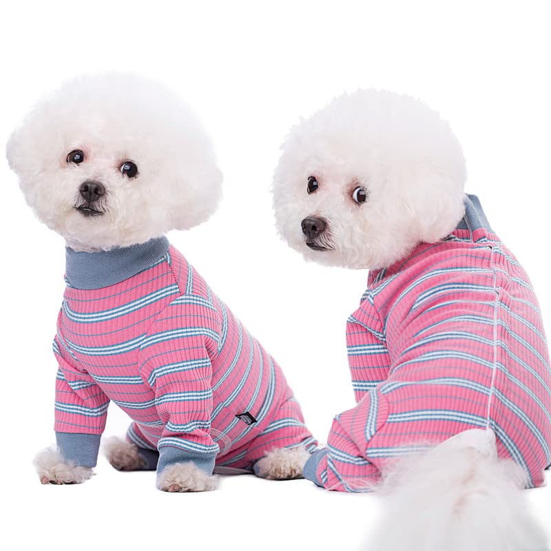 AITOLI dog-striped recovery suit on-dog wearing demonstrates easy fit and comfort