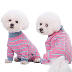 AITOLI dog-striped recovery suit on-dog wearing demonstrates easy fit and comfort