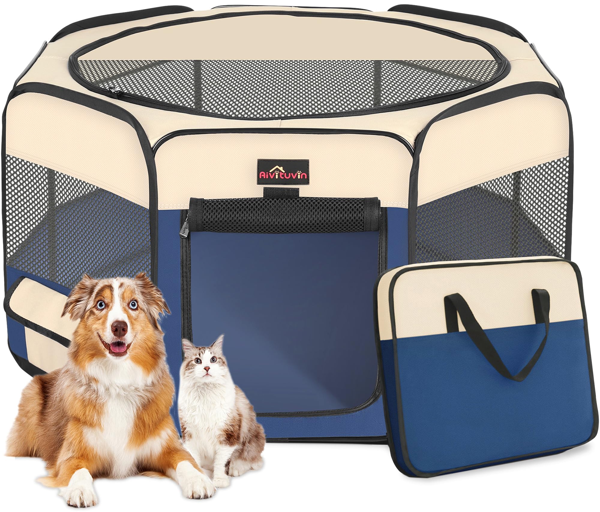Aivituvin dog playpen blue front view with breathable mesh for cooling playtime
