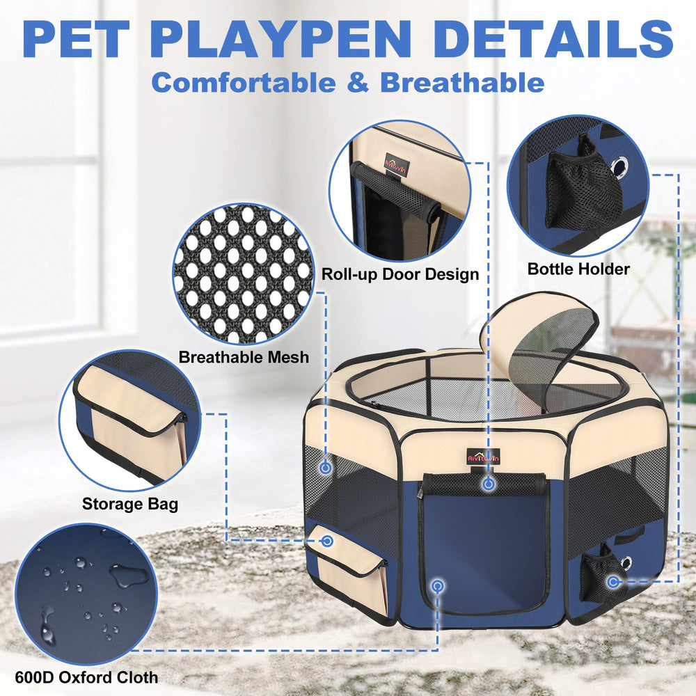 Aivituvin dog playpen blue side view showing sturdy corners for versatile use