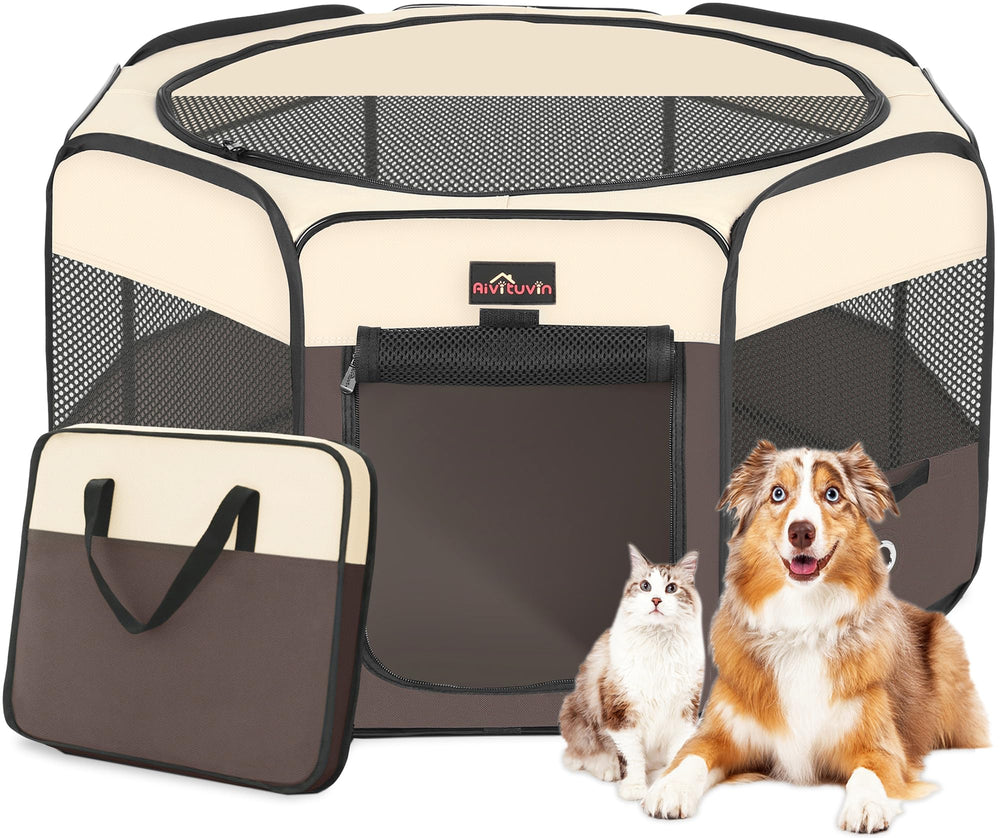 Aivituvin dog playpen folded with carrying bag for easy travel and storage.